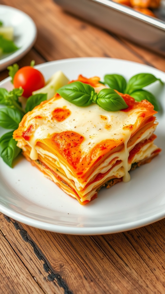 A slice of creamy potato lasagna with layers of potatoes, ricotta, and mozzarella, garnished with basil on a rustic table.